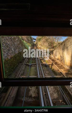 Die historische und unterhaltsame Touristenattraktion Lynton & Lynmouth Cliff Railway, North Devon, England. Kenntnisse, Fähigkeiten, Werte, Überzeugungen, Gewohnheiten, Stockfoto