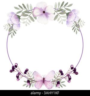 Hellgrüne Fantasy-Blätter, hellviolette Beeren, rosa Blumen und Schmetterlingskranz in Aquarellfarben. Stockfoto