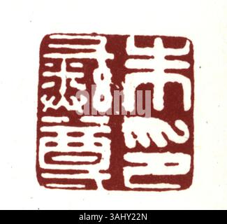 Ein traditionelles, vereinfachtes chinesisches Siegel mit Schriftzeichen, das häufig zur Kennzeichnung des Eigentums oder der Authentizität in Kunstwerken und Dokumenten in der chinesischen Kultur verwendet wird. Stockfoto