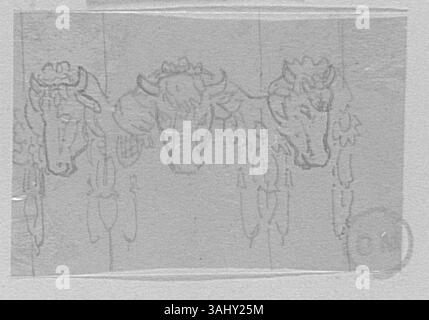 Gustave Moreaus „Etude de Base de trois têtes de taureau“ (1850–1895) zeigt eine Studie von drei Stierköpfen, die das ornamentale Design betont. Die Studie spiegelt sein Interesse an Tiersymbolen und klassischen Kunstformen wider, die in der Sammlung des Musée Gustave Moreau untergebracht sind. Stockfoto