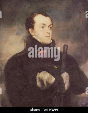 John Jacksons Porträt von Captain George Francis Lyon, einem Entdecker und Marineoffizier, gemalt zwischen 1821 und 1823. Lyon wird in arktischer Kleidung gezeigt und hält eine Waffe, wahrscheinlich nach seiner Rückkehr von Parrys zweiter Arktisreise. Stockfoto