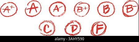 Vektorillustration der Schulnoten (A bis F), gezeichnet mit einer Kreide-, Kreide- oder Pastellstruktur. Handgezeichnete rote Markierungen in groben Kreisen, die dem Lehrer ähneln Stock Vektor