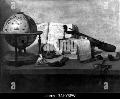 Dieses Stilleben von 1650 von Jan Davidsz. De Heem mit dem Titel „Vanitas Stillleben mit Büchern, Globe, Schädel, Violine und Taschenuhr“ spiegelt das Vanitas-Thema in der Kunst wider. Die Objekte symbolisieren die Vergänglichkeit des Lebens und die Unvermeidlichkeit des Todes, die in einer akribisch detaillierten Komposition festgehalten werden. Stockfoto
