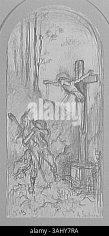„Le Juif errant“ von Gustave Moreau stellt den umherziehenden Juden dar, eine mythische Figur, die verflucht ist, um die Erde zu durchstreifen. Dieses Gemälde wurde zwischen 1850 und 1895 geschaffen und beschäftigt sich mit Themen des ewigen Leidens und der Entfremdung. Die Figur des wandernden Juden wird in einer dramatischen, einsamen Pose dargestellt, die Moreaus Verwendung mythologischer und symbolischer Bilder hervorhebt. Stockfoto