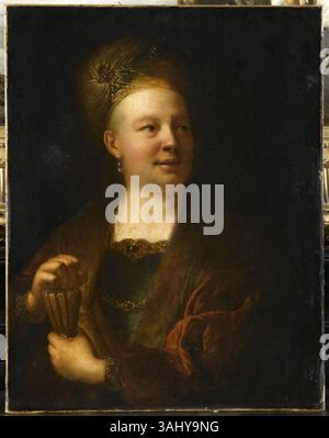 Alexis Grimous Gemälde „Portrait d'homme en Kostüm Oriental“, das vor 1733 im Musée Condé gemalt wurde, zeigt einen Mann in traditioneller östlicher Kleidung. Das Öl auf Leinwand veranschaulicht die Auseinandersetzung des Künstlers mit Exotik und Kostümen in Porträts. Stockfoto