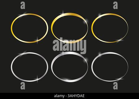 Goldene ovale Rahmen. Glänzende Silberringe. Glitzernder schwarzer Hintergrund. Vektor-Metallic-Kontur. Stock Vektor