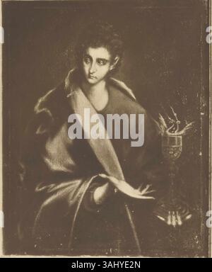 El Grecos Gemälde „Heiliger Johannes der Evangelist“ (um 1600) zeigt den Apostel Johannes in religiöser Betrachtung. Das Öl auf Leinwand ist Teil von El Grecos religiöser Serie, die seinen unverwechselbaren Stil mit langen Figuren und leuchtenden Farben widerspiegelt. Stockfoto