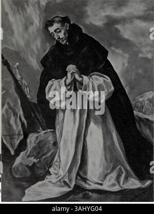 El Grecos Gemälde „der heilige Dominikus im Gebet“ um 1600 in der Kathedrale von Toledo zeigt die tiefe Hingabe des heiligen Dominikus, des Gründers des Dominikanerordens. Das Werk spiegelt die spirituelle Intensität des Gebetes des heiligen wider. El Grecos unverwechselbarer Stil hebt dramatische Beleuchtung und lange Formen hervor, die zu charakteristischen Elementen seiner religiösen Werke wurden. Stockfoto