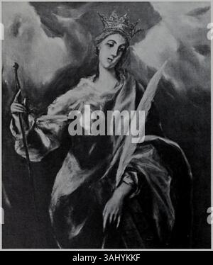 El Grecos Gemälde der Heiligen Katharina von Alexandria (um 1600) zeigt die heilige mit ihrer Krone und ihrem Palmenzweig, Symbole des Martyriums. Dieses Öl auf Leinwand ist Teil einer Privatsammlung, die El Grecos charakteristischen Stil zeigt. Stockfoto