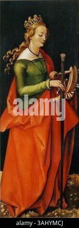 Hans Baldung Griens Gemälde der Heiligen Katharina von Alexandria aus dem Jahr 1504 zeigt die heilige in religiöser Ikonographie neben den Heiligen Johannes und Martin auf einer Tannenplatte. Stockfoto