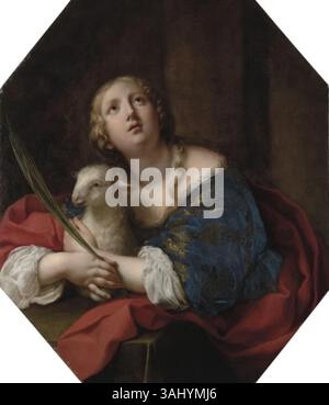 Gemälde des Heiligen Agnes von Rom von Onorio Marinari, geschaffen in der zweiten Hälfte des 17. Jahrhunderts. Das Kunstwerk zeigt die religiöse Figur Saint Agnes in einem Öl-auf-Leinwand-Format. Stockfoto