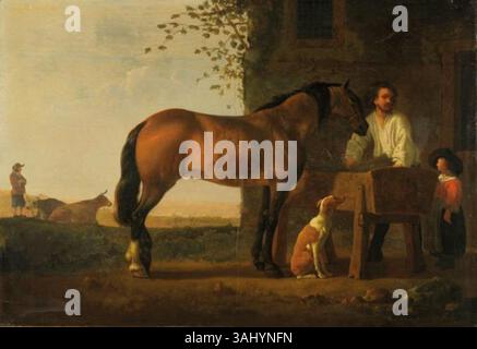 Dieses Gemälde von Abraham van Calraet aus dem Jahr 1700 zeigt einen Mann, der ein braunes Pferd in einer Rinne füttert und die Interaktion zwischen Mensch und Tier in einer natürlichen Landschaft feststellt. Stockfoto