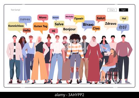 Gruppe multiethnischer Menschen, die sprechen. Sprechblasen mit Text Hallo in verschiedenen internationalen Sprachen. Modernes Konzept für die Webseitenentwicklung, Socia Stockfoto