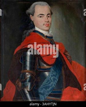 Dieses Ölgemälde aus dem 18. Jahrhundert zeigt einen polnischen Adligen in Raketenrüstung, der mit dem Weißen Adlerorden verziert ist. Das Kunstwerk befindet sich in der Burg Kórnik und zeigt traditionelle polnische Militärkleidung aus dieser Zeit. Stockfoto