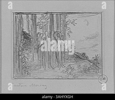 Diese Studie von Gustave Moreau, die zwischen 1850 und 1895 erstellt wurde, ist ein vorbereitendes Werk für „die Musen“, das seine Erforschung griechischer mythologischer Figuren und ihrer ästhetischen Darstellung veranschaulicht. Stockfoto