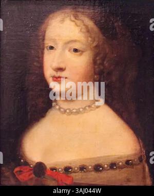 Dieses Porträt von Maria Theresia von Spanien, der Frau von König Ludwig XIV., aus dem 19. Jahrhundert basiert auf einem Werk von Charles Beaubrun aus dem 17. Jahrhundert. Es stellt sie als Königin von Frankreich und Navarra dar und gewährt einen Einblick in ihren königlichen Status und ihre Identität. Stockfoto