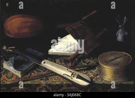 Wird Pieter Gerritsz zugeschrieben. Van Roestraten, dieses Stilleben, das 1650 gemalt wurde, zeigt neben anderen Objekten Musikinstrumente. Das Öl auf Kupfermalerei veranschaulicht das Genre des Stilllebens und hebt den Reichtum und die Details der europäischen Kunst des 17. Jahrhunderts hervor. Stockfoto