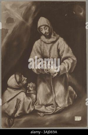 El Grecos Gemälde von 1600, „der heilige Franziskus und der Bruder Leo meditieren über den Tod“, zeigt die beiden religiösen Figuren in einem Moment der Reflexion. Die Oil on Panel veranschaulicht El Grecos Fokus auf Spiritualität und religiöse Themen. Stockfoto