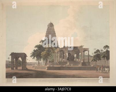 Dieser Druck von 1798 zeigt den Großen Stier, eine monolithische Granitstatue von Nandi, dem Fahrzeug des hinduistischen Gottes Shiva, am Brihadischvara-Tempel in Tanjore. Der Pavillon mit dem Stier wurde im 16. Jahrhundert während der Nayaka-Zeit hinzugefügt. Stockfoto