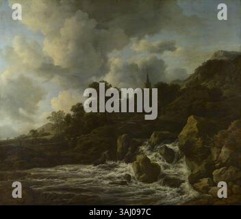 Jacob van Ruisdaels Landschaftsgemälde von 1665 zeigt einen ruhigen Wasserfall am Fuße eines Hügels in der Nähe eines Dorfes. Dieses Öl auf Leinwand ist bekannt für seine meisterhafte Nutzung der Natur und unterstreicht die Schönheit des ländlichen Lebens im 17. Jahrhundert. Stockfoto