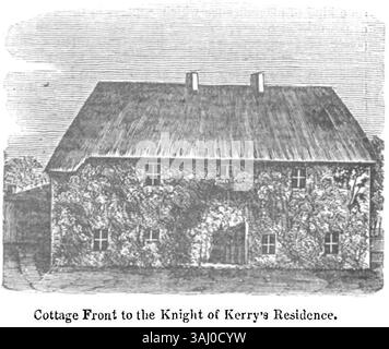 Die Vorderansicht des Cottage in der Residenz des Knight of Kerry, in der Nähe von Ballinruddery im County Kerry, wurde 1836 erfasst. Das Bild hebt den traditionellen architektonischen Stil dieser Zeit hervor und konzentriert sich auf die ländliche Landschaft und die Besonderheiten der Residenz. Stockfoto