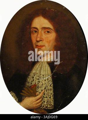 Dieses von 1600 bis 1699 von einem unbekannten britischen Künstler gemalte Porträt zeigt einen jungen Mann mit einem Spitzenkragen, das charakteristisch für die englische Mode des 17. Jahrhunderts ist. Stockfoto
