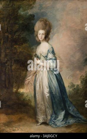 Thomas Gainsboroughs Porträt von Selina Thistlethwayte, gemalt um 1778, präsentiert das Motiv in voller Pose, gekleidet in einem blau-weißen Kleid. Das Gemälde spiegelt Gainsboroughs Meisterschaft der Porträtmalerei und seine Liebe zu natürlichen Details wider. Stockfoto