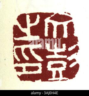 Ein vereinfachtes chinesisches Siegel, das traditionelle chinesische Kalligraphie und Kunstformen repräsentiert. Diese Siegel wurden historisch verwendet, um den Besitz und die Echtheit von Dokumenten oder Kunstwerken zu kennzeichnen. Stockfoto