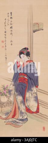 „Maiko trikago zu“ von Kno Bairei, gemalt 1876, zeigt eine traditionelle Szene einer Maiko, einer jungen Frau, die in Japan als Geisha ausgebildet wird. Das Kunstwerk fängt die Eleganz und Komplexität ihrer Kleidung ein und zeigt die kulturelle Bedeutung dieser Figuren in der japanischen Gesellschaft während der späten Edo-Zeit. Stockfoto