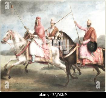 Dieses Aquarell von Sita RAM, das zwischen 1814 und 2015 geschaffen wurde, zeigt drei Sikh-Sirdaren auf dem Rücken von Lord Moira auf seiner Reise von Kalkutta nach Delhi. Sie veranschaulicht die militärische Führung der Sikh-Gemeinschaft und ihre Rolle in der Geschichte der Region. Stockfoto
