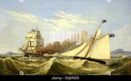 Henry Mellings Gemälde von 1848 zeigt die tragische Szene des in der Liverpool Bay brennenden „Ocean Monarch“ mit der Yacht „Queen of the Ocean“ im Vordergrund. Das Ölgemälde fängt das dramatische Ereignis ein. Stockfoto
