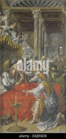 „De dood van Maria“ (der Tod Mariens), gemalt zwischen 1515 und 1529, zeigt den Tod der Jungfrau Maria. Das Öl auf Tafelgemälde spiegelt die religiöse Kunst der Zeit wieder und betont eine heitere und heilige Darstellung des Ereignisses. Stockfoto