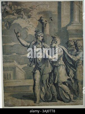 Ein 1510 erschienener Druck von Antonio da Trento, nach Parmigianino, der Augustus und den Tiburtinischen Sibyl darstellt. Das Bild veranschaulicht die klassische mythologische Szene mit Liebe zum Detail und zur Komposition der Renaissance. Stockfoto