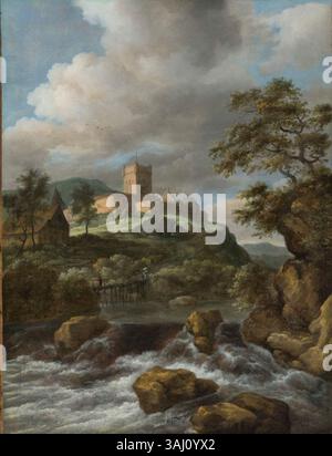 Jacob van Ruisdaels „Wasserfall mit Burg auf einem Hügel“ ist ein Ölgemälde aus der Zeit um 1670, das eine ruhige Landschaft mit einem Wasserfall darstellt, der einen felsigen Hügel hinunterfließt und von einer fernen Burg gekrönt wird. Das Kunstwerk veranschaulicht den niederländischen Barockstil mit seinen detaillierten natürlichen Elementen. Stockfoto