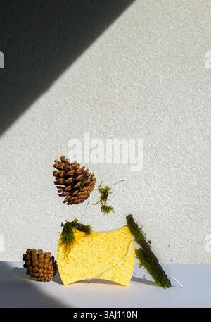 Umweltfreundliche, schonende, abfallfreie, kunststofffreie Schwämme. Minimales ökologisches Grünwaldkonzept, Draht, Kegel, Moos. Kopierbereich Stockfoto