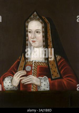 Ein Porträt der Königin Elizabeth von York (1465–1503) mit der Yorkistischen weißen Rose. Das Gemälde basiert auf einem Original aus der Zeit um 1502 und entstand zwischen 1700 und 1799. Stockfoto