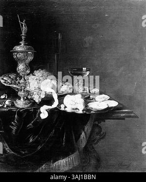 Dieses Stillleben-Gemälde, das Pieter Nason zwischen 1632 und 1688 zugeschrieben wurde, enthält einen Becher, eine Schale mit Trauben und Weingläser, was Nasons Beherrschung der Stillleben-Details unterstreicht. Stockfoto