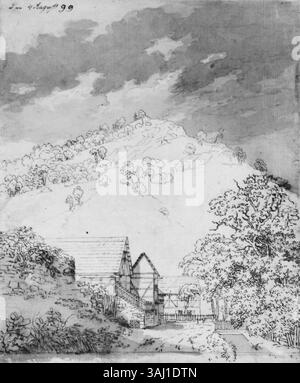 Diese Zeichnung von Caspar David Friedrich aus dem Jahr 1799, *Bauernhof am Fuße des Berges*, zeigt eine ruhige ländliche Landschaft mit einem Bauernhof am Fuße eines Berges. Friedrichs Fokus auf natürliche Schönheit ist ein Beispiel für seinen romantischen Stil. Stockfoto