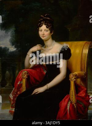 Jean-Baptiste-Paulin Guérins Porträt einer Frau in schwarzem Samtkleid aus dem Jahr 1816 steht auf einer Terrasse und bietet eine raffinierte Darstellung französischer Porträts aus dem 19. Jahrhundert. Stockfoto