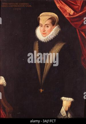 Dieses Ölporträt aus dem 16. Jahrhundert, das Juan Pantoja de la Cruz zugeschrieben wird, zeigt Margarita de Cardona, die Frau von Adam von Dietrichstein. Es ist ein bemerkenswertes Beispiel für spanische Porträts aus dieser Zeit. Stockfoto