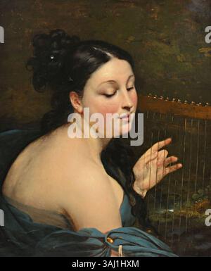 * Jeune femme a la Harpe*, gemalt von Aimée Brune-Pagès aus dem Jahr 1826, zeigt eine junge Frau, die Harfe oder Leier spielt. Dieses Ölgemälde spiegelt den künstlerischen Stil des frühen 19. Jahrhunderts wider und konzentriert sich auf weibliche Porträts und musikalische Themen. Stockfoto