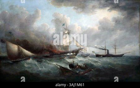 Henry Mellings Gemälde aus dem 19. Jahrhundert zeigt das Wrack des amerikanischen Schiffes Ocean Monarch, das am 24. August 1848 vor der Küste von Great Orme verbrannt wurde. Dieses Öl-auf-Leinwand-Werk fängt den dramatischen Moment der Katastrophe auf See ein. Stockfoto