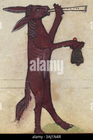 Dieses englische Manuskript aus dem 13. Jahrhundert aus dem Walters Art Museum zeigt einen Esel, der ein Kornett spielt, eine weitere skurrile Darstellung von Tieren in mittelalterlicher Kunst. Stockfoto