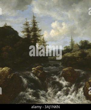 Jacob van Ruisdaels Ölgemälde „Landschaft mit Wasserfall“ aus dem Jahr 1655 zeigt eine dramatische Naturszene mit einem Wasserfall in ländlicher Umgebung. Das Werk zeigt Ruisdaels Meisterschaft in der Darstellung der Natur und seine Fähigkeit, das Spiel von Licht und Schatten einzufangen. Stockfoto