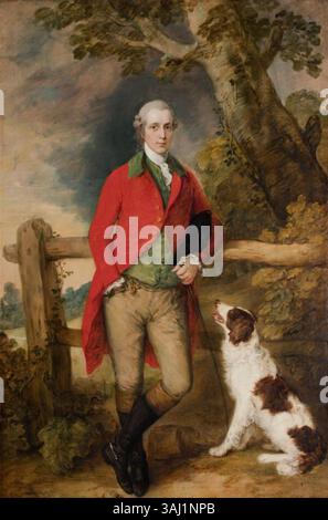 Dieses um 1778 gemalte Porträt von Thomas Gainsborough zeigt Robert Thistlethwayte vom Norman Court. Er steht in einem roten Mantel, einer grünen Weste und einer glatten Hose, hält eine Dose und einen Spaniel an seiner Seite. Stockfoto