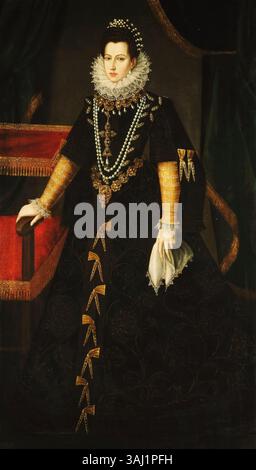 Dieses Porträt, das Juan Pantoja de la Cruz zugeschrieben wird, zeigt die Infantin Isabel Clara Eugenia von Spanien, die sie in schwarzem Brokat mit Spitzenverzierung, Perlenkette und Kopfkleid zeigt. Das Gemälde stammt aus dem 16. Jahrhundert und ist von bedeutendem historischem Wert. Stockfoto