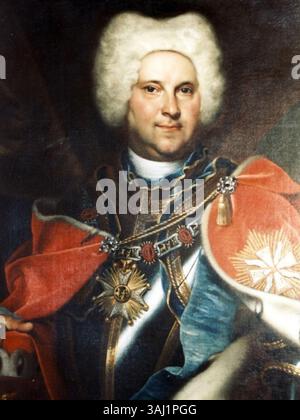 Dieses Ölgemälde aus dem 18. Jahrhundert zeigt Günther XLIII, einen Herrscher von Schwarzburg-Sondershausen. Das Porträt hebt die edlen Merkmale und die Kleidung des Fürsten aus der Region während des 18. Jahrhunderts hervor. Stockfoto