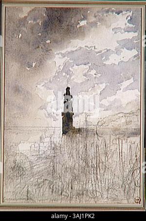 Diese Landschaftsstudie von Gustave Moreau konzentriert sich auf die Aufnahme natürlicher Landschaften und demonstriert seine Fähigkeiten in der Wiedergabe von Tiefe, Textur und atmosphärischen Effekten. Stockfoto