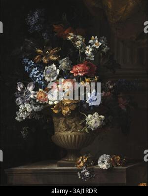 Dieses Gemälde von Jean-Baptiste Monnoyer, das in der zweiten Hälfte des 17. Jahrhunderts entstanden ist, zeigt eine Vase mit Blumen. Das detailreiche Öl auf Leinwand zeigt lebendige Blumenarrangements, die typisch für den Barock sind, mit exquisiter Aufmerksamkeit auf Textur und Farbe. Stockfoto