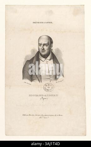 Ein Lithografie-Druck von Edouard-Albert aus der Boyer-Kollektion mit dem Titel „Prévenus d'Avril“. Es zeigt eine Szene aus der französischen Gesellschaft, die die Fähigkeiten des Künstlers in der Lithografie unterstreicht. Stockfoto